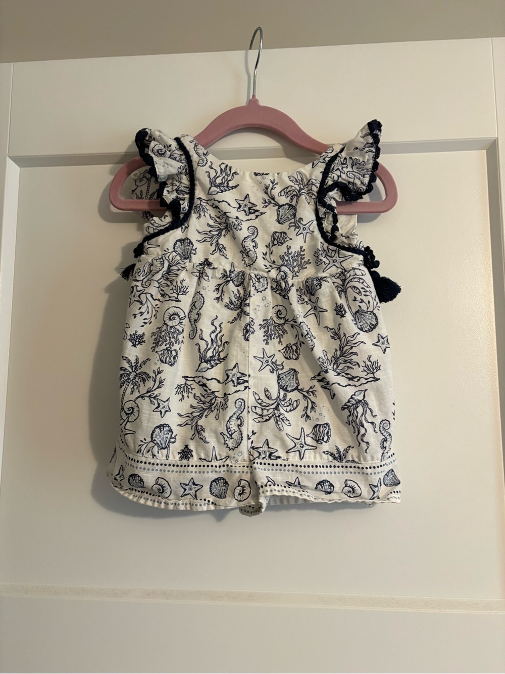 Girls White Nautical Print Ruffle Sleeve Top with Navy Trim